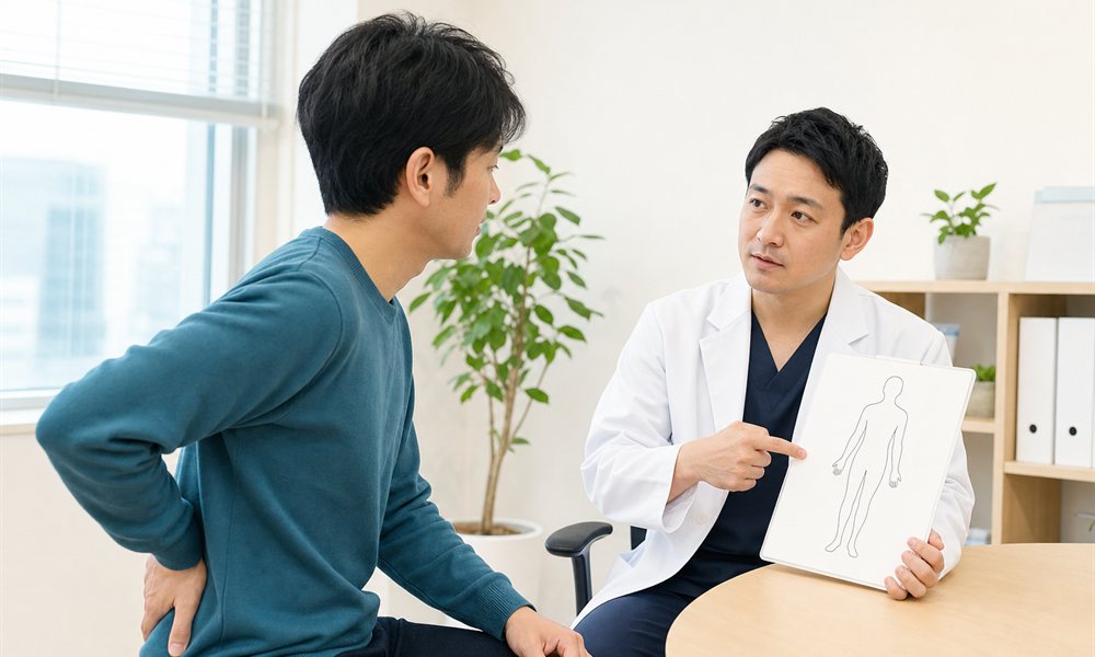 医師に腰痛の症状を相談する様子
