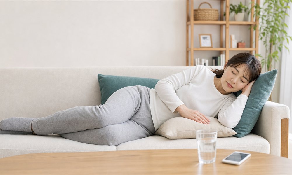 腰をいたわりながら横向きに休む様子