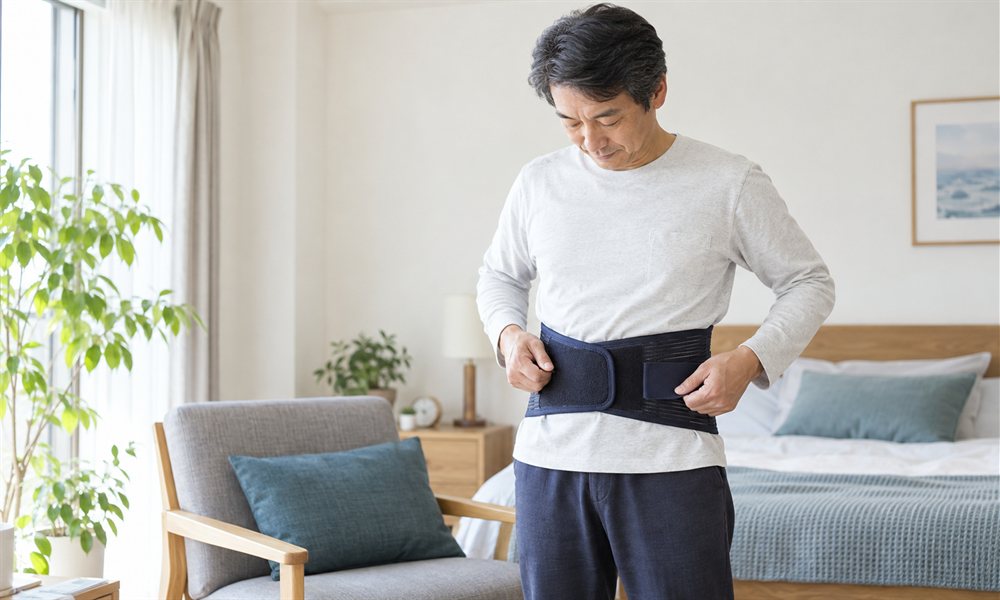 腰部コルセットを正しく装着する男性