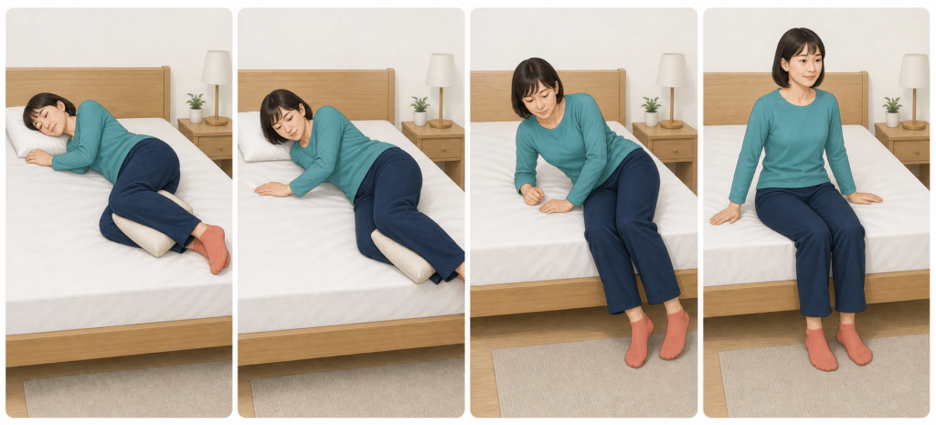 横向きになり、脚をベッドの外へ下ろし、腕で体を支えて起き上がる手順の図解