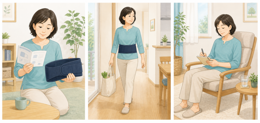 ぎっくり腰のコルセットについて、説明書の確認、必要な場面での使用、外した時間の記録を示す図解