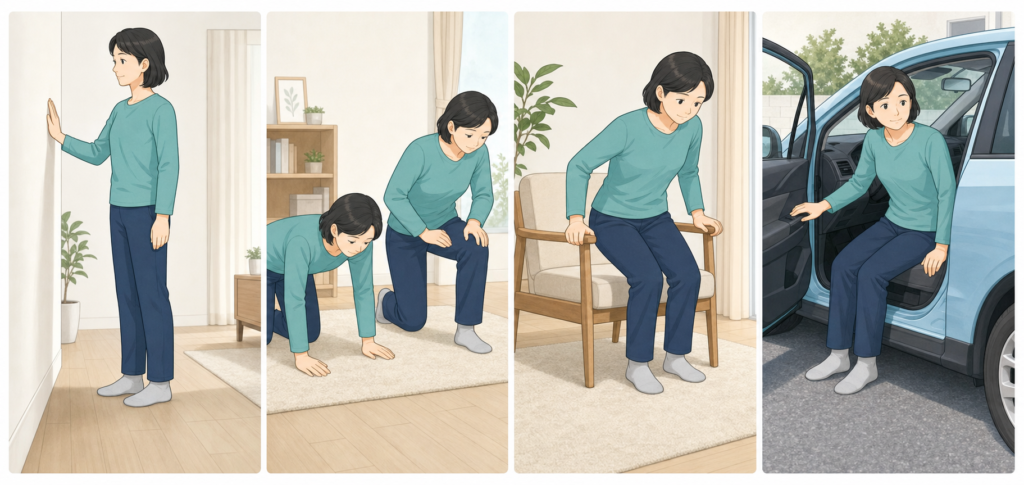 壁や椅子などの支えを使い、腰をひねらずに立つ・床から起きる・椅子から立つ・車から降りる動作の図解