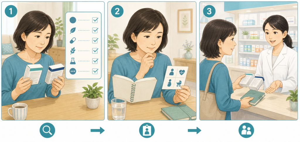 市販の痛み止めについて、有効成分、持病と併用薬を確認し、薬剤師へ相談する手順の図解