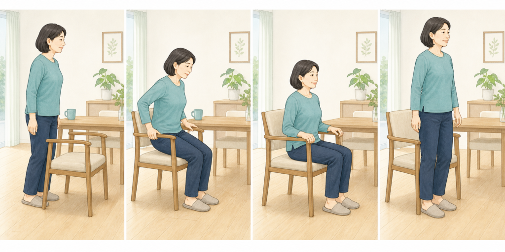 ぎっくり腰で座ると痛いときに、肘掛けを使ってゆっくり座り立ち上がる手順の図解