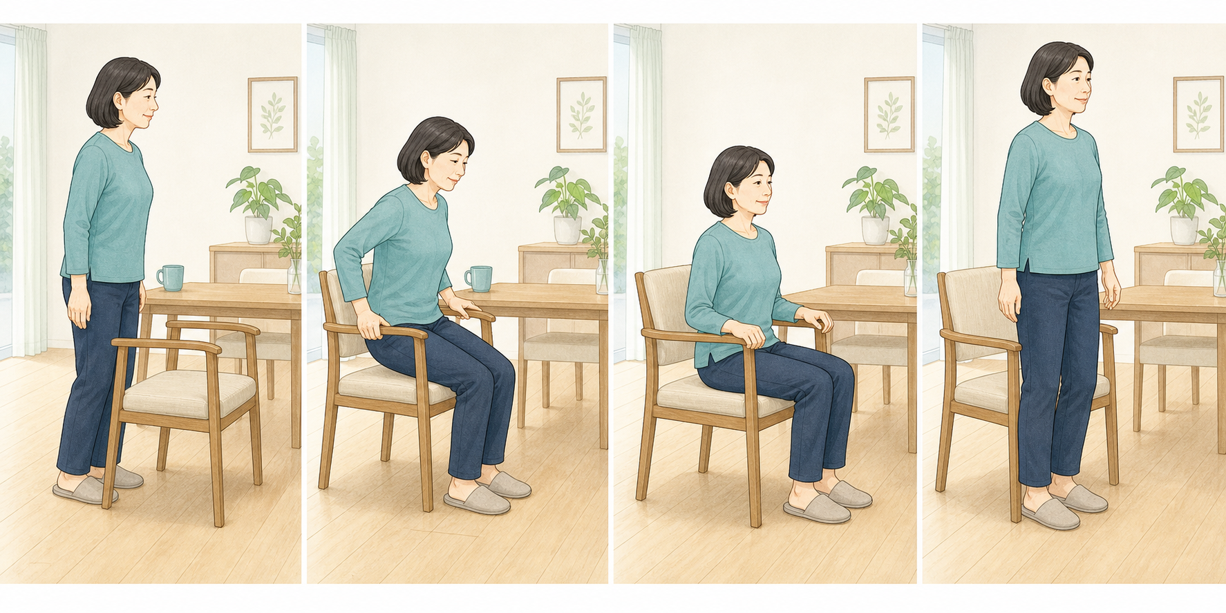 ぎっくり腰で座ると痛いときに、肘掛けを使ってゆっくり座り立ち上がる手順の図解