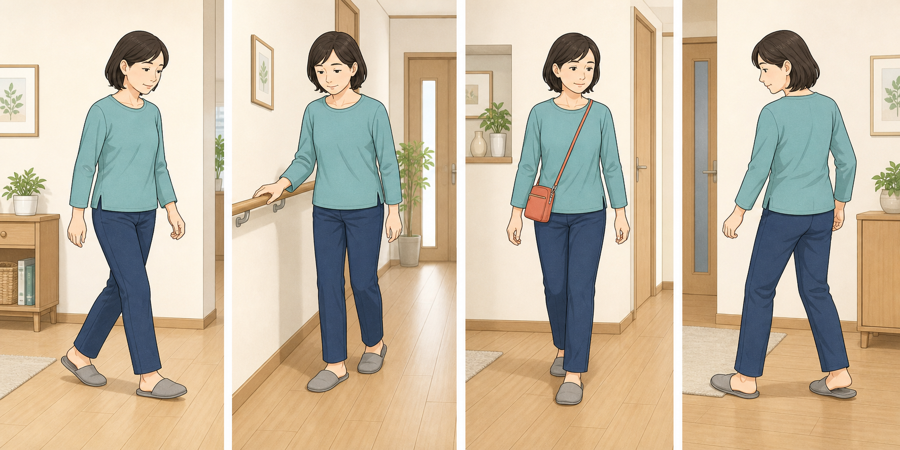 ぎっくり腰で歩けるけど痛いときの、小さな歩幅・手すり・両手を空ける・足から方向転換する歩き方の図解