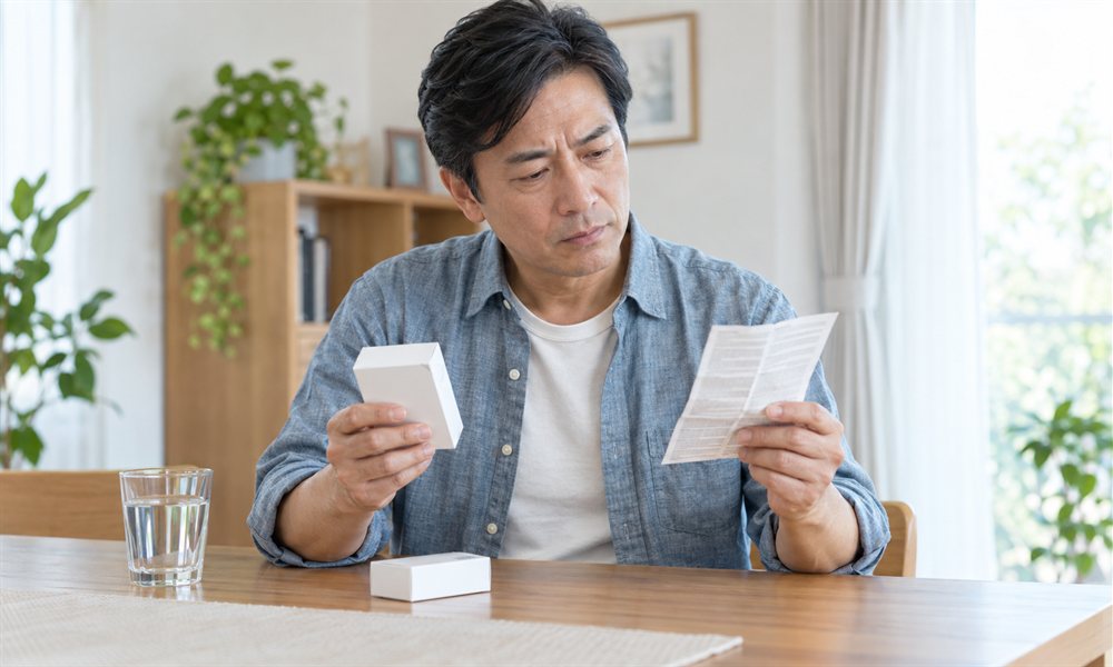 市販薬の説明書を確認する腰痛のある男性