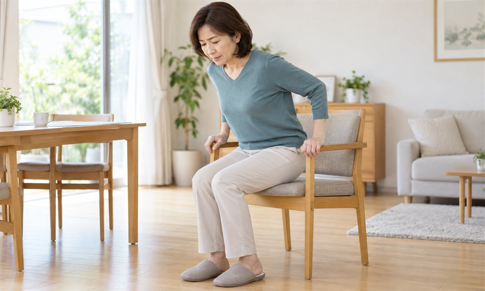 椅子のひじ掛けを使って慎重に座る女性