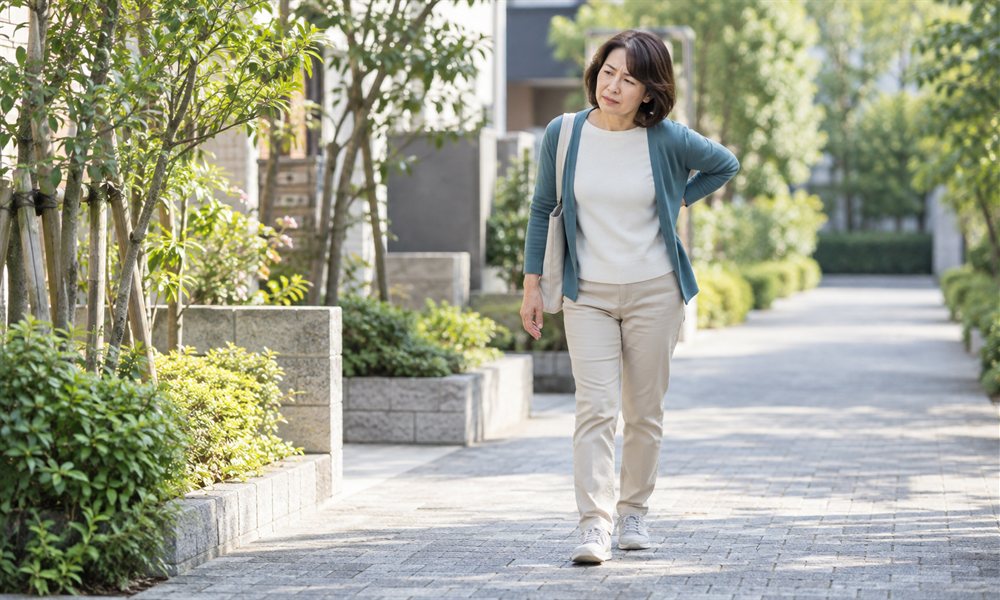 腰をかばいながらゆっくり歩く女性